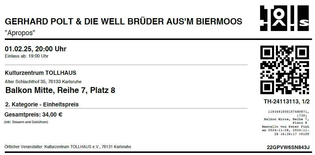 Ticket Gerhard Polt & Die Well
        Brder aus'm Biermoos 01.02.2025 Tollhaus Karlsruhe