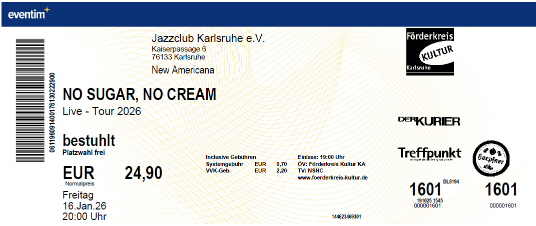 Ticket No Sugar, No Cream 16.01.2026
        Jazzclub Karlsruhe
